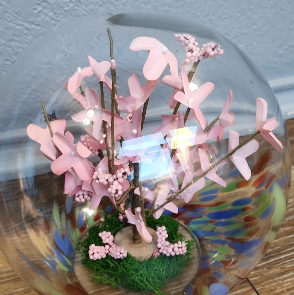 Cherry Blossom ? Pink Flowers Glass Globe Terrarium Blue Green Orange Spots